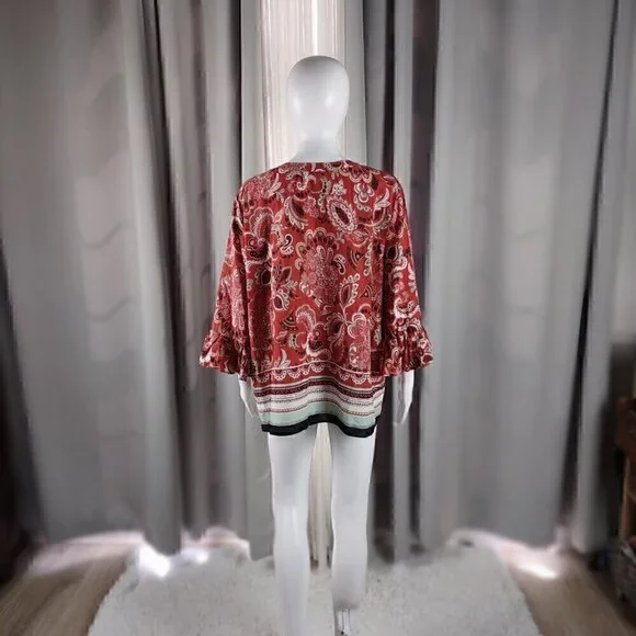 Ann Taylor Muted Red Clay Paisley Patterned Cotton Blend Bell Sleeve Top Size XL - Picture 3 of 12